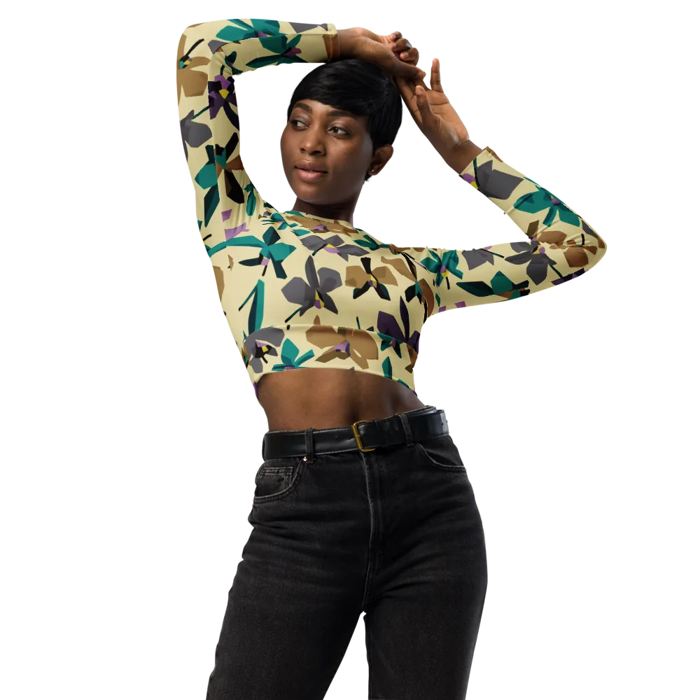 Indigo Petal Circuit on Long Sleeve Crop Top — Front