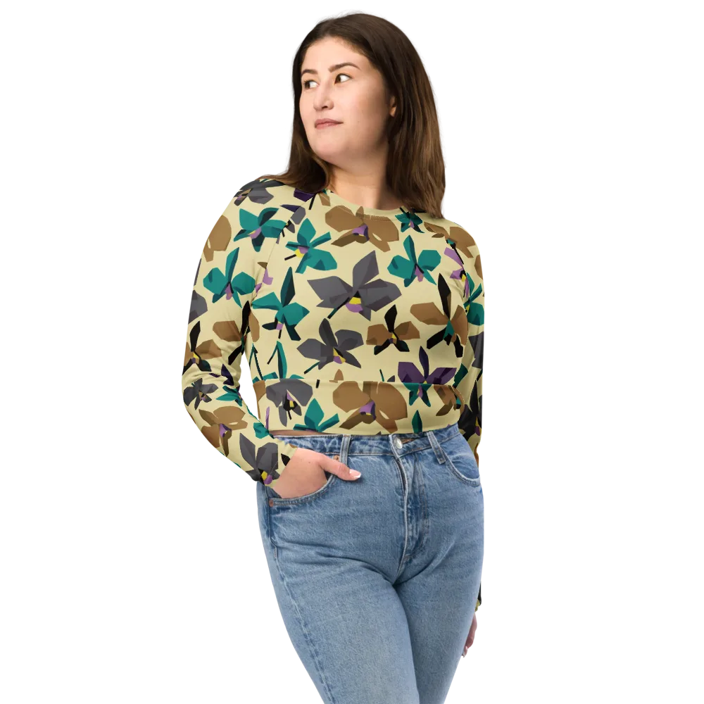 Indigo Petal Circuit on Long Sleeve Crop Top — Front