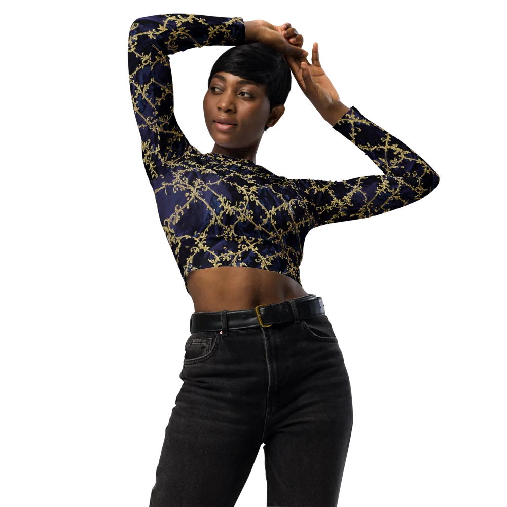 Midnight Filigree on Long Sleeve Crop Top — Front