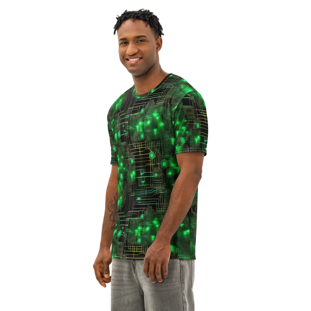 Neon Motherboard on Men's Cotton Crew Neck T-Shirt — Left Front