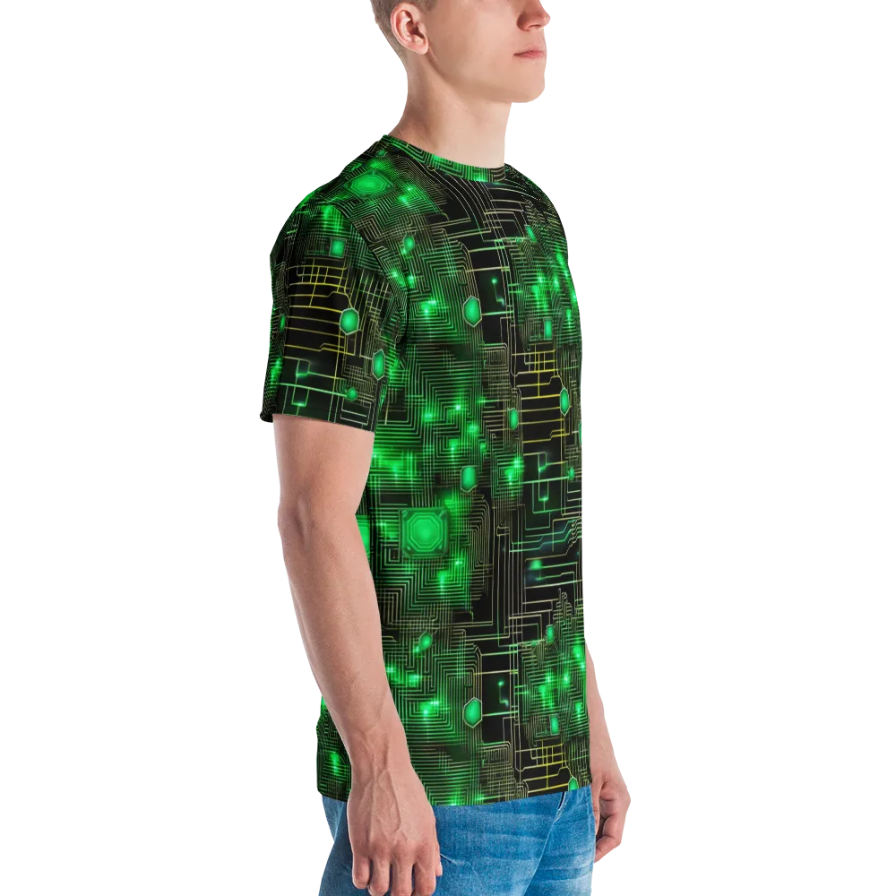 Neon Motherboard on Men's Crew Neck T-Shirt — Right