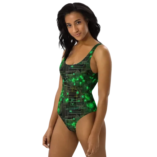 Neon Motherboard on a One-Piece Swimsuit