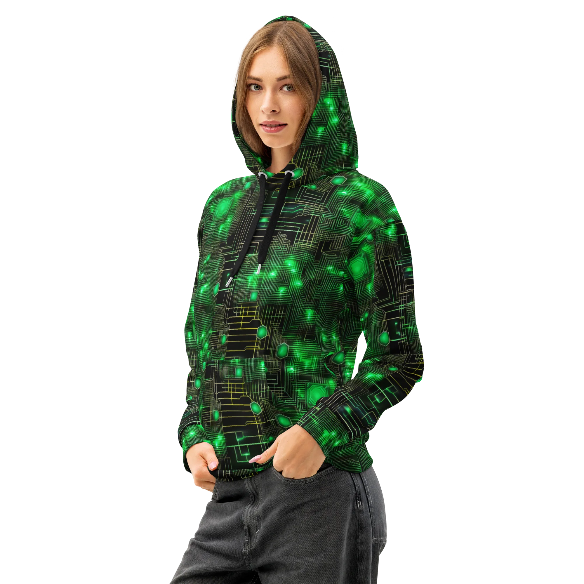 Neon Motherboard on Cotton Hoodie — Left Front