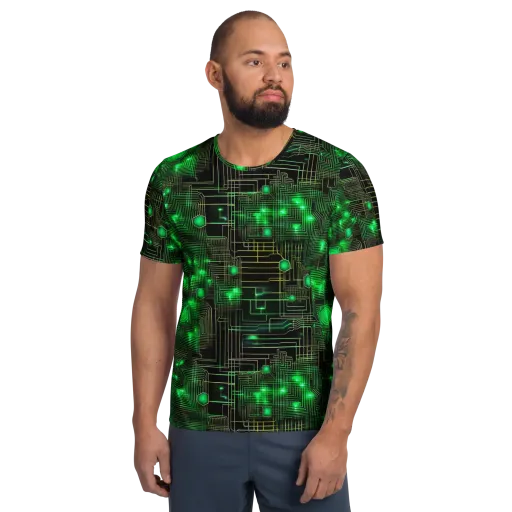 Neon Motherboard on a Men's Athletic T-Shirt