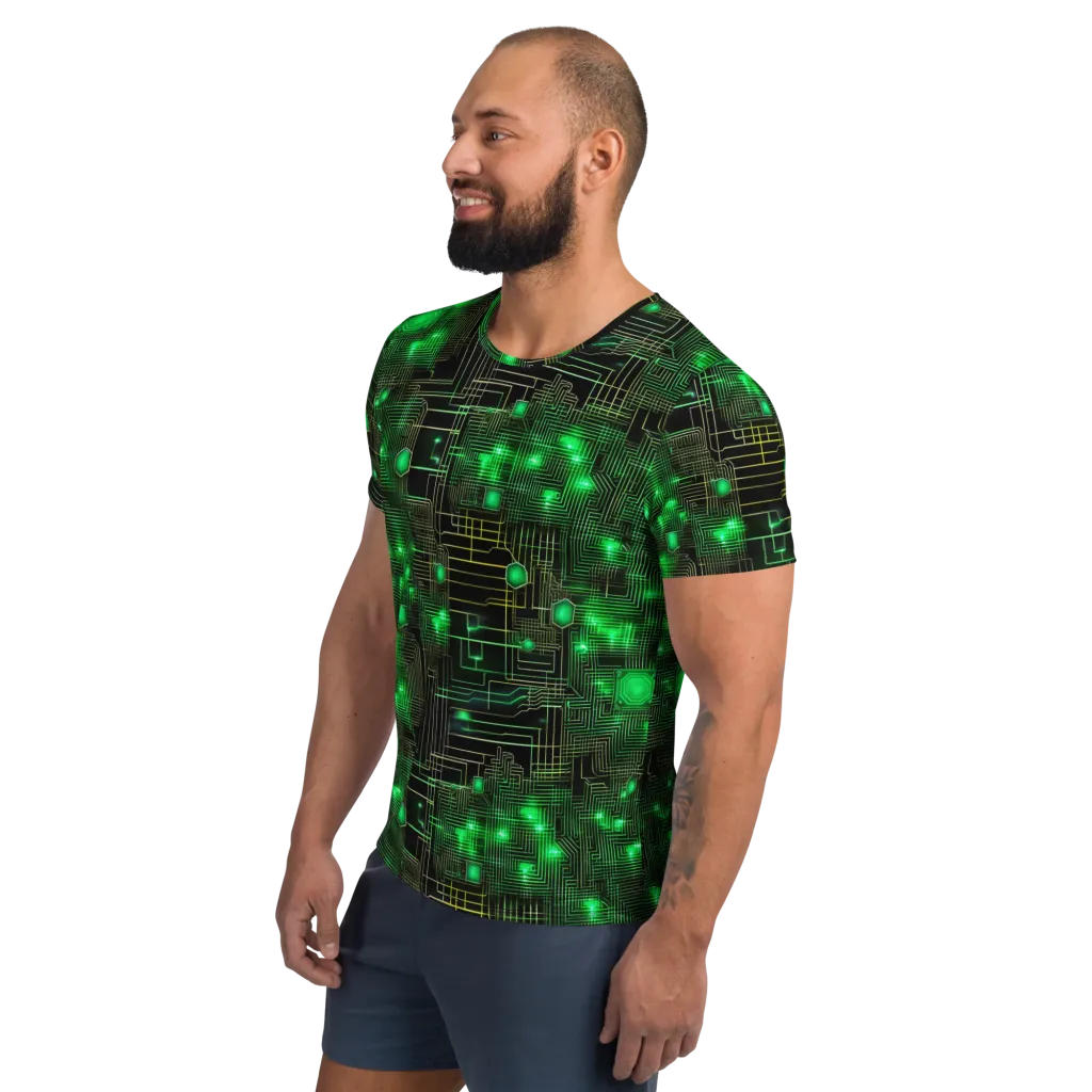 Neon Motherboard on Men's Athletic T-Shirt — Left