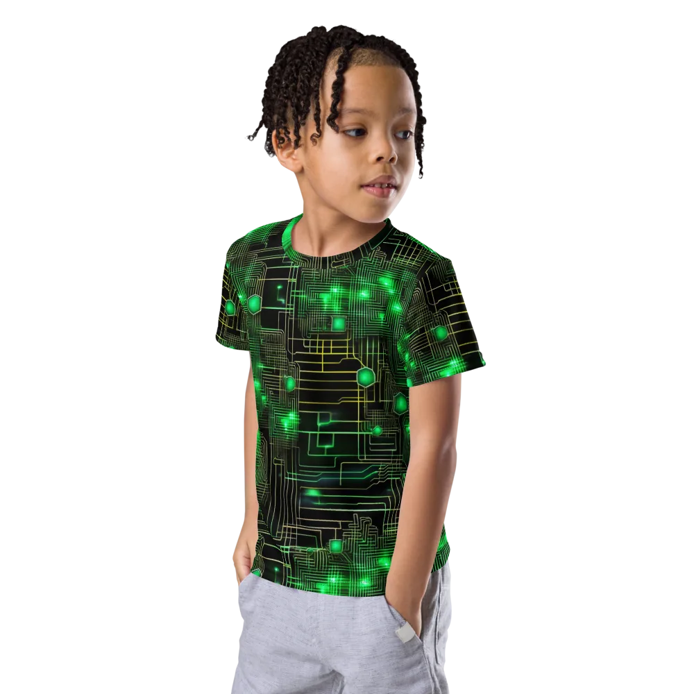 Neon Motherboard on Kids Crew Neck T-Shirt — Left Front