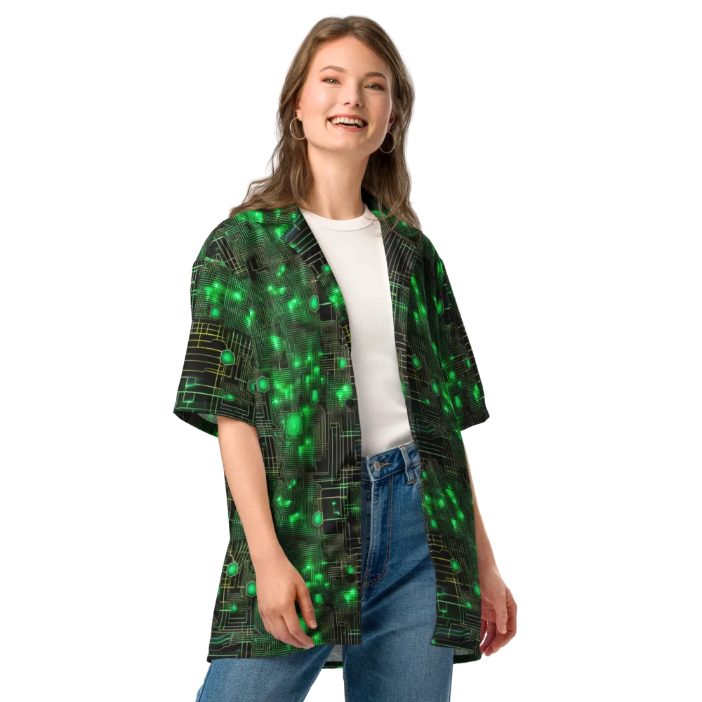 Neon Motherboard on Button Shirt — Front