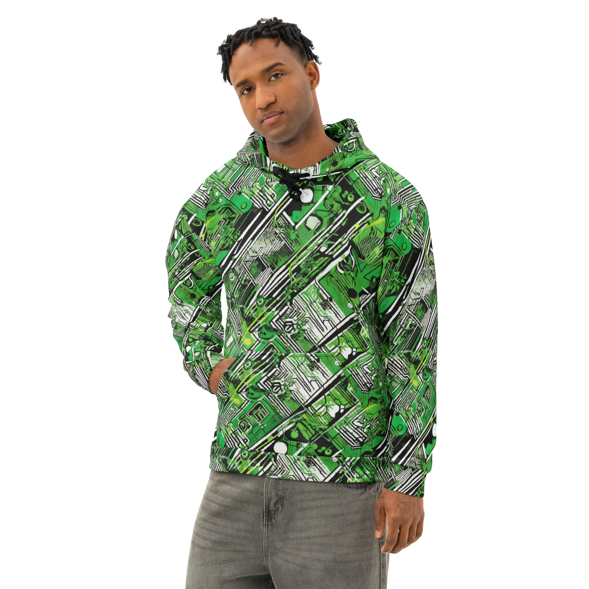 Greenline Grid on Cotton Hoodie — Left Front