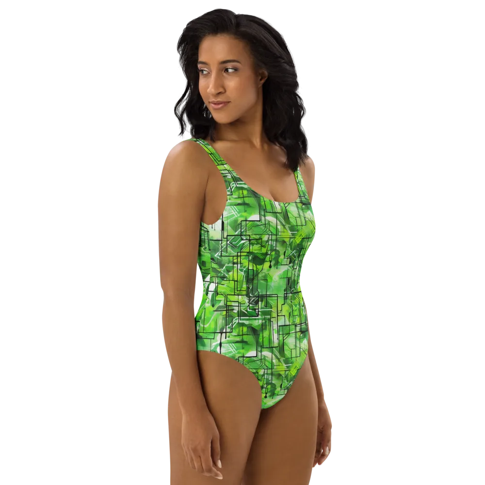 Lime Geometry on One-Piece Swimsuit — Right
