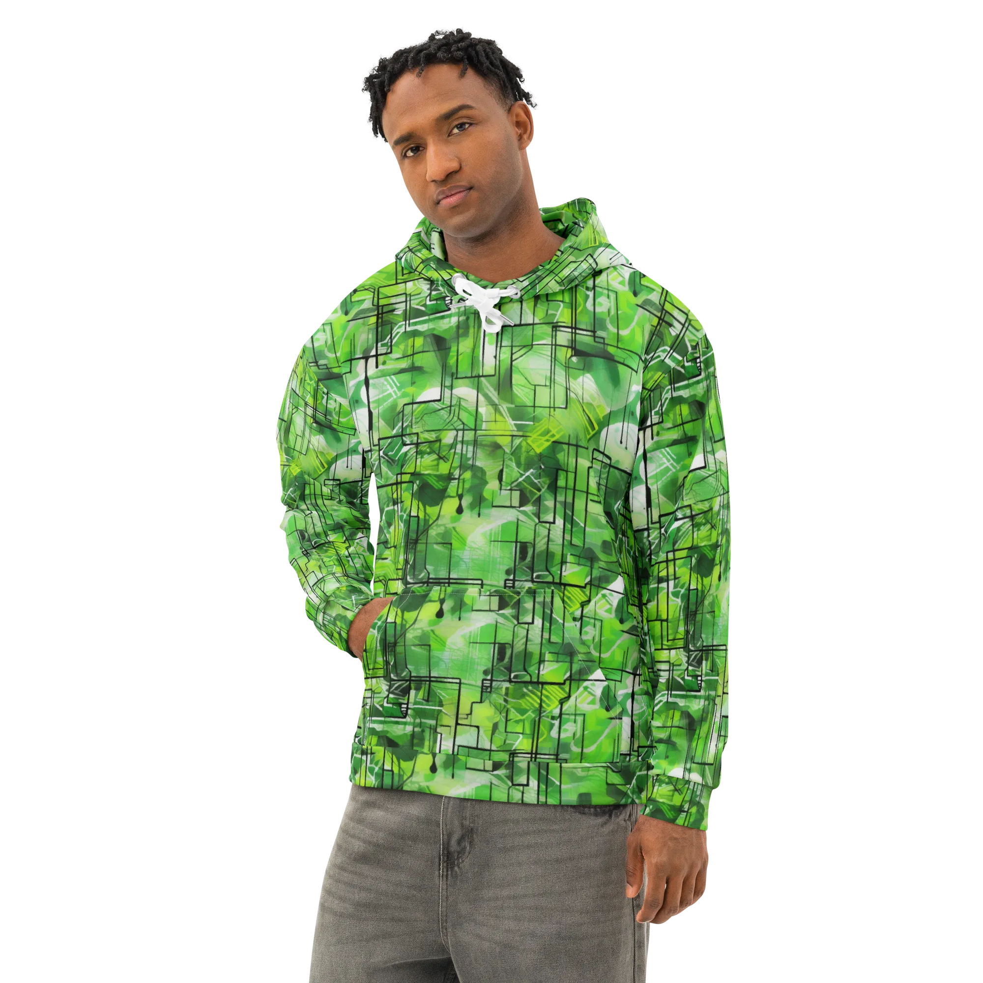 Lime Geometry on Cotton Hoodie — Left Front
