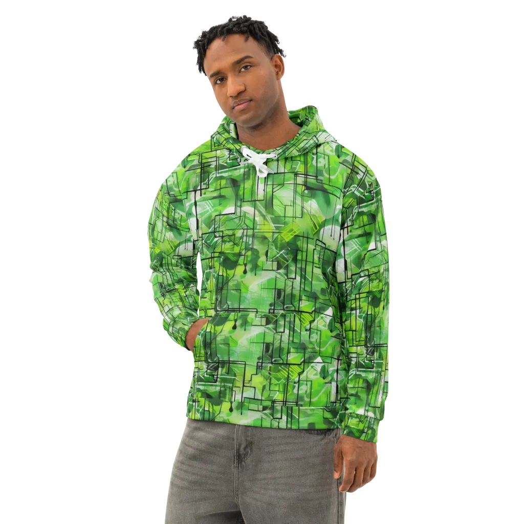 Lime Geometry on Cotton Hoodie — Left Front