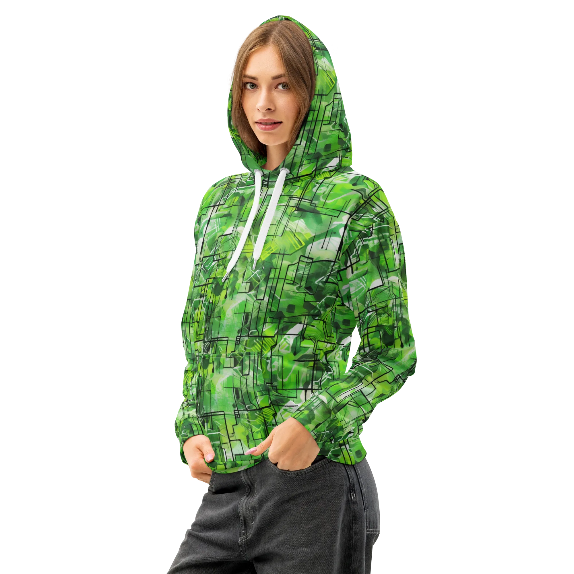 Lime Geometry on Cotton Hoodie — Left Front