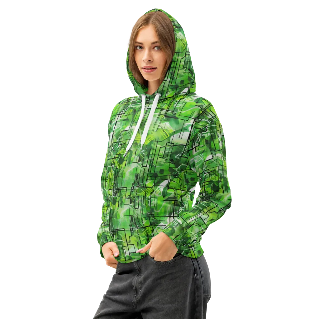 Lime Geometry on Cotton Hoodie — Left Front