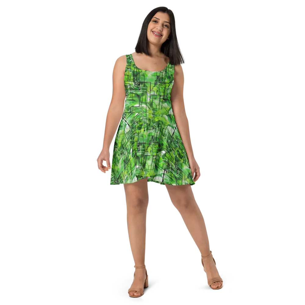 Lime Geometry on Skater Dress — Front