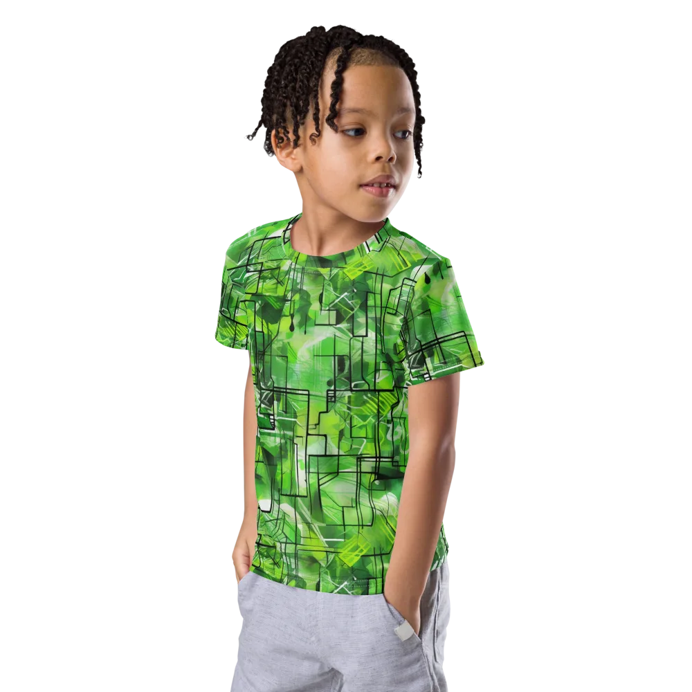Lime Geometry on Kids Crew Neck T-Shirt — Left Front