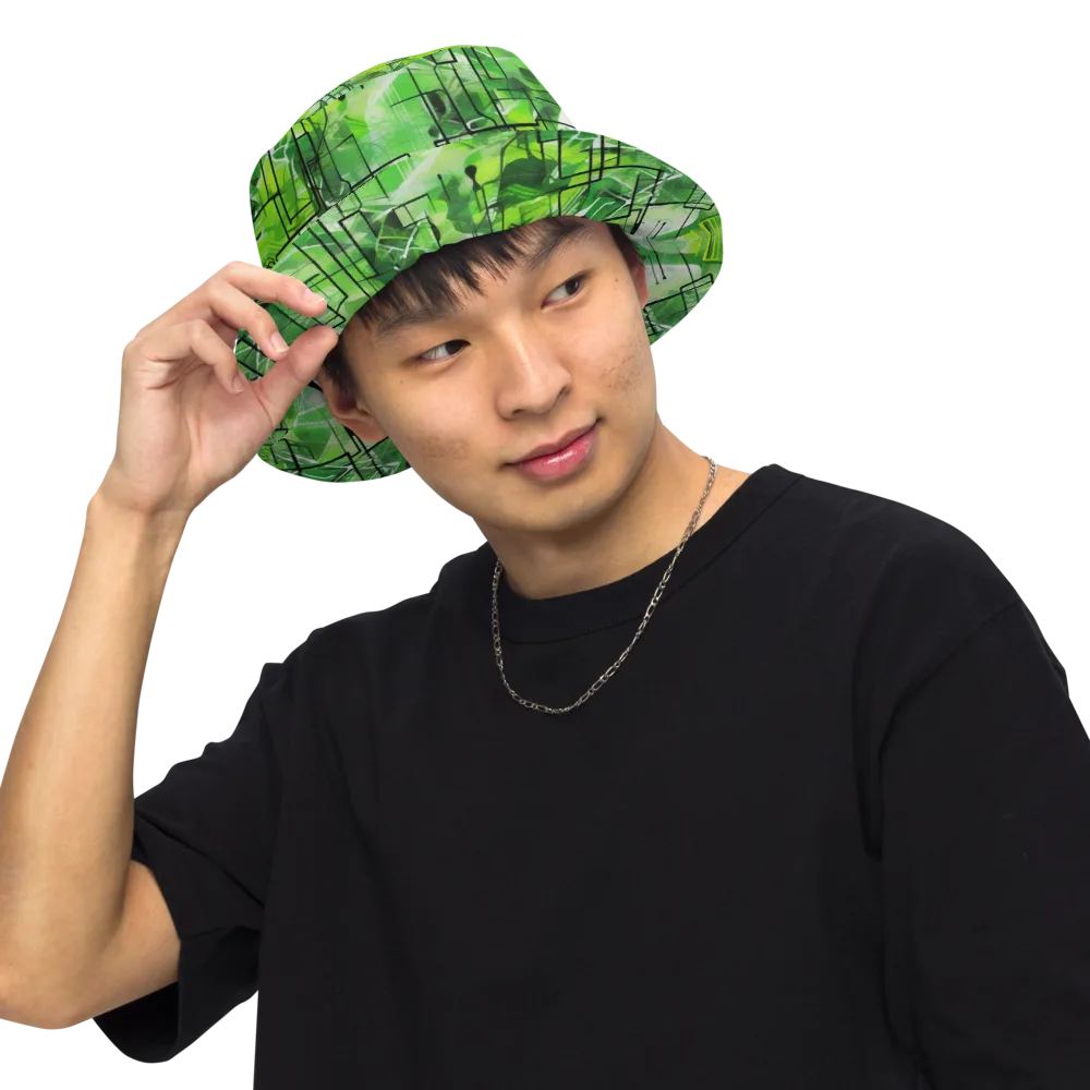 Lime Geometry on Reversible Bucket Hat — Front Inside