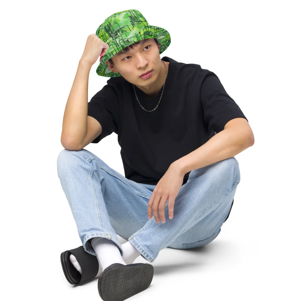 Lime Geometry on Reversible Bucket Hat — Front 2 Inside