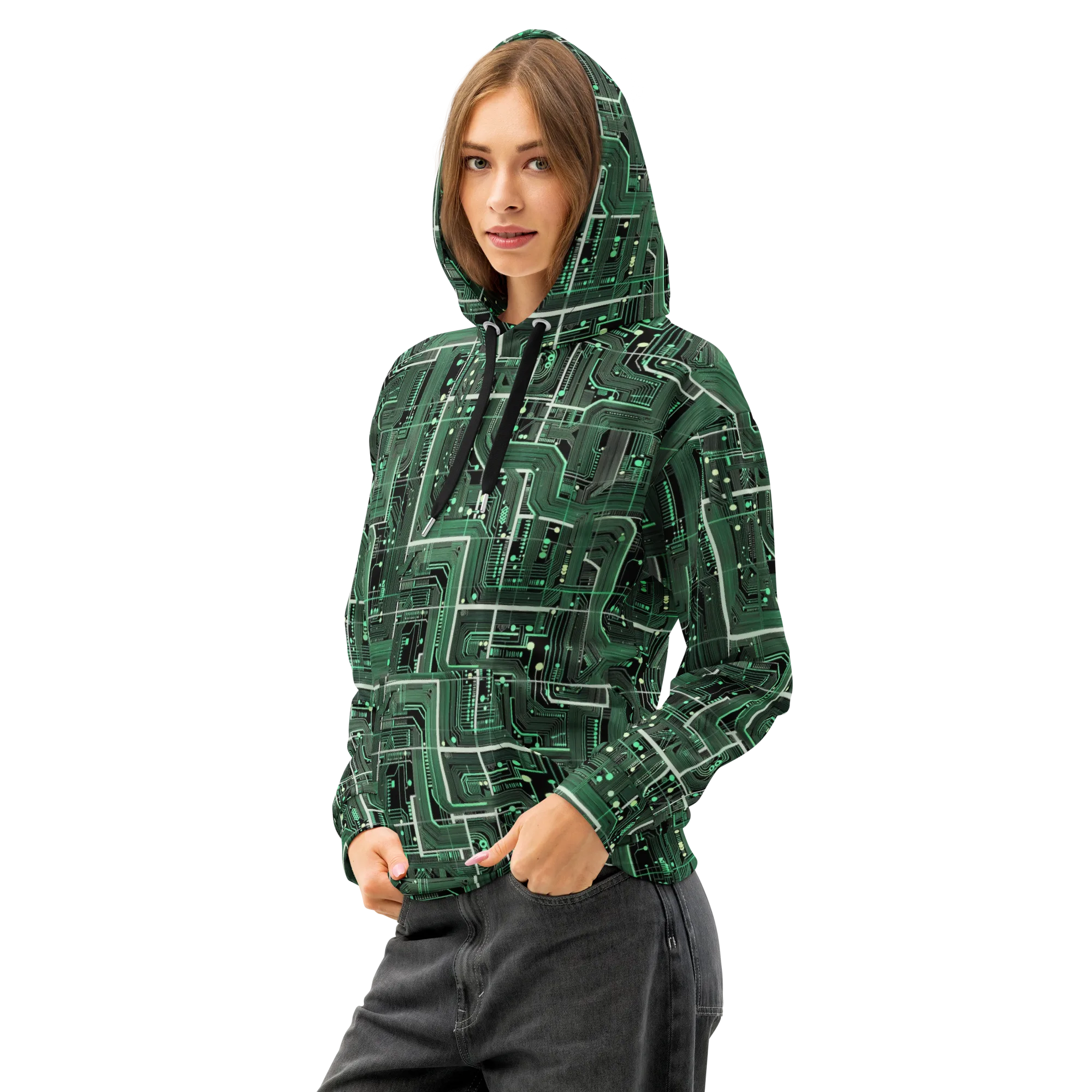 Emerald Motherboard on Cotton Hoodie — Left Front