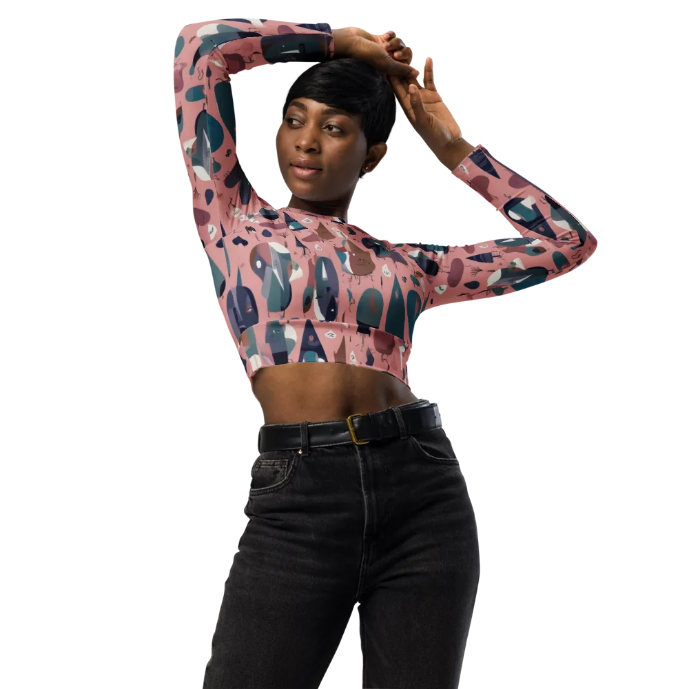 Rosy Oddbirds on Long Sleeve Crop Top — Front