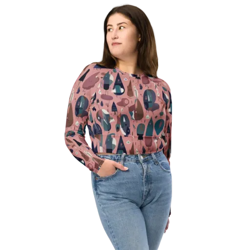 Rosy Oddbirds on a Long Sleeve Crop Top