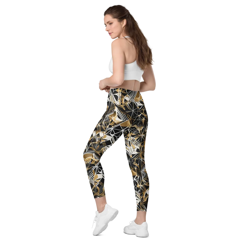 Black Tie Botanica on Leggings with Pockets — Left Back