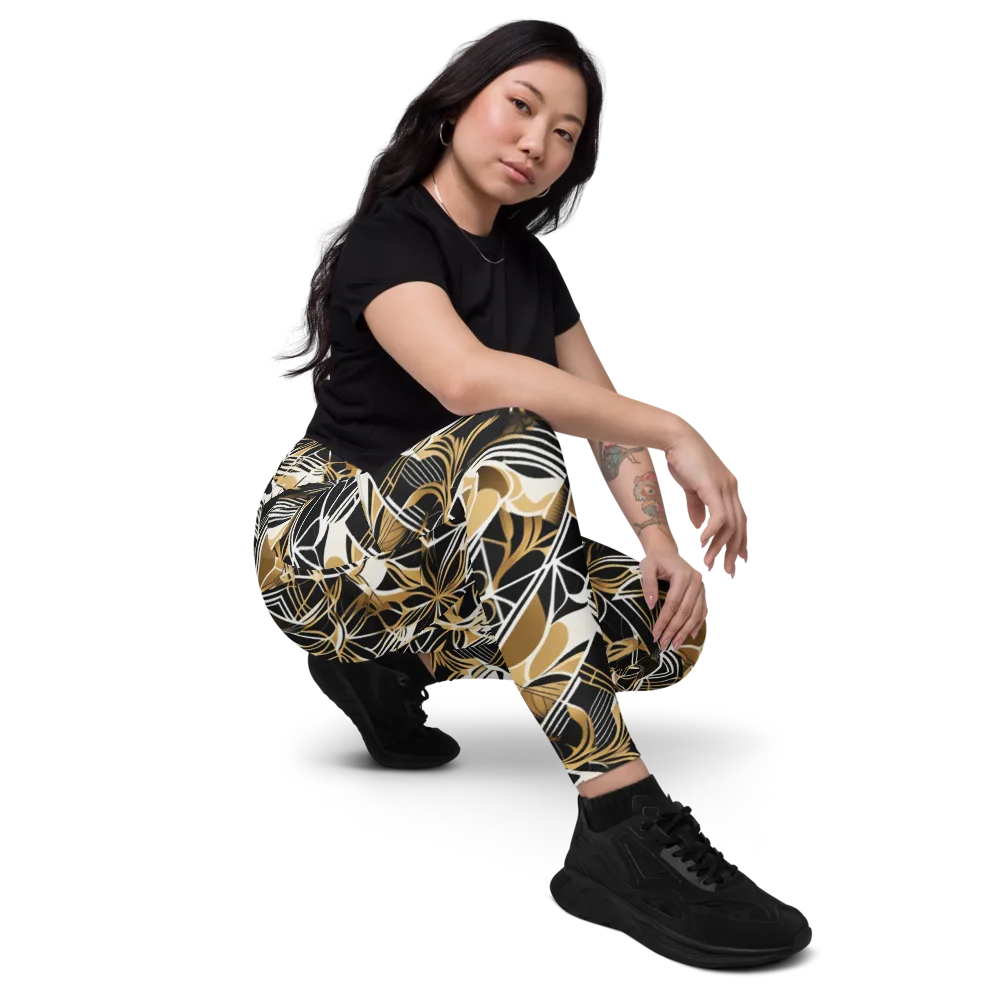 Black Tie Botanica on Leggings with Pockets — Right Front