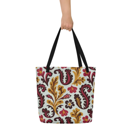Garnet Paisley Garden on a Large Tote Bag W/ Pocket