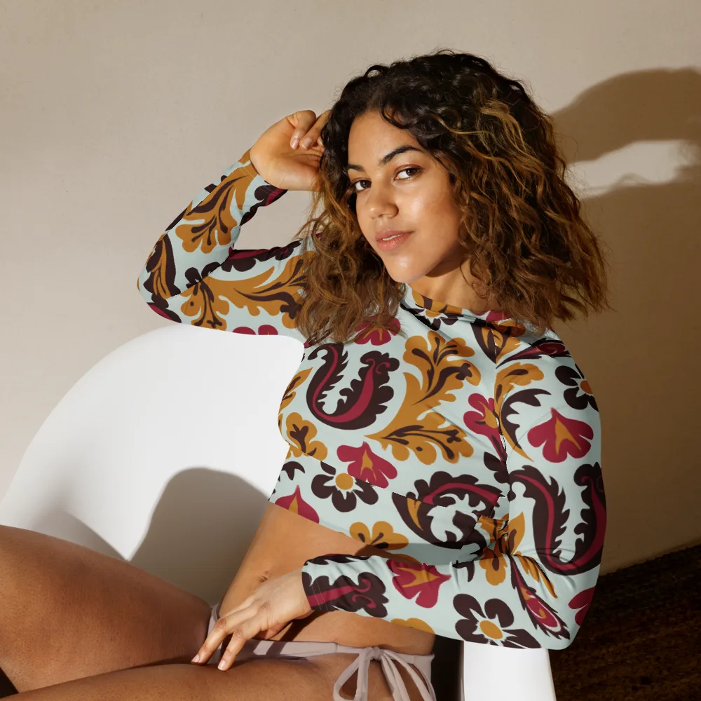 Garnet Paisley Garden on Long Sleeve Crop Top — Left Front