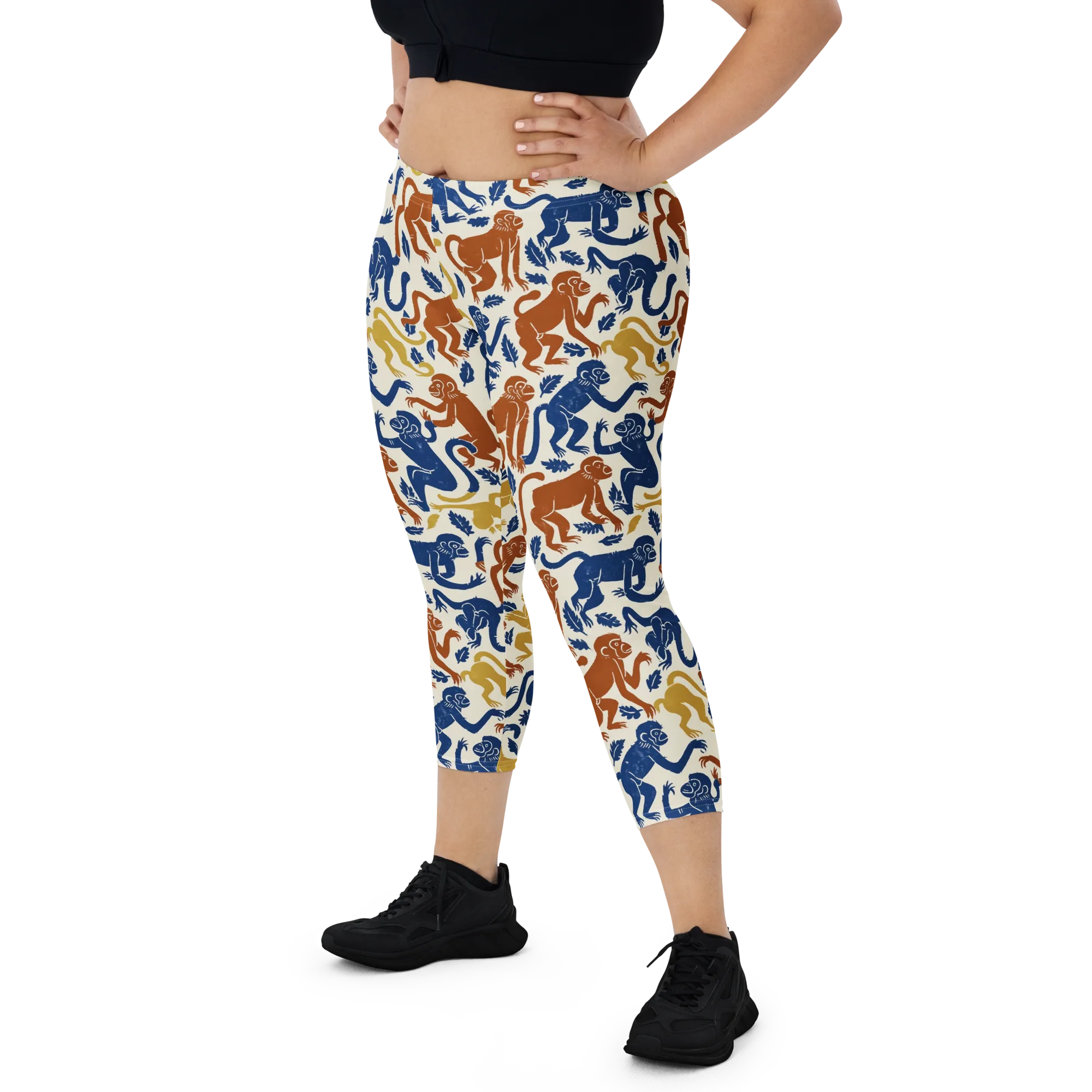 Indigo Monkey Garden on Capri Leggings — Front