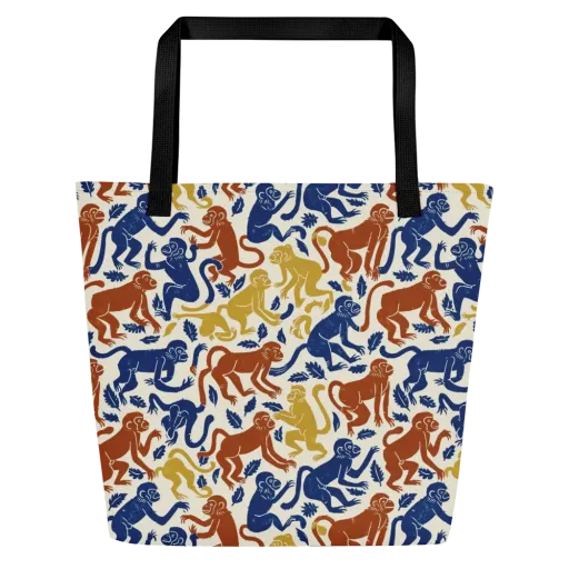 Indigo Monkey Garden on a Large Tote Bag W/ Pocket