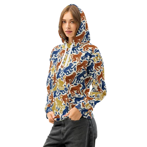 Indigo Monkey Garden on a Cotton Hoodie
