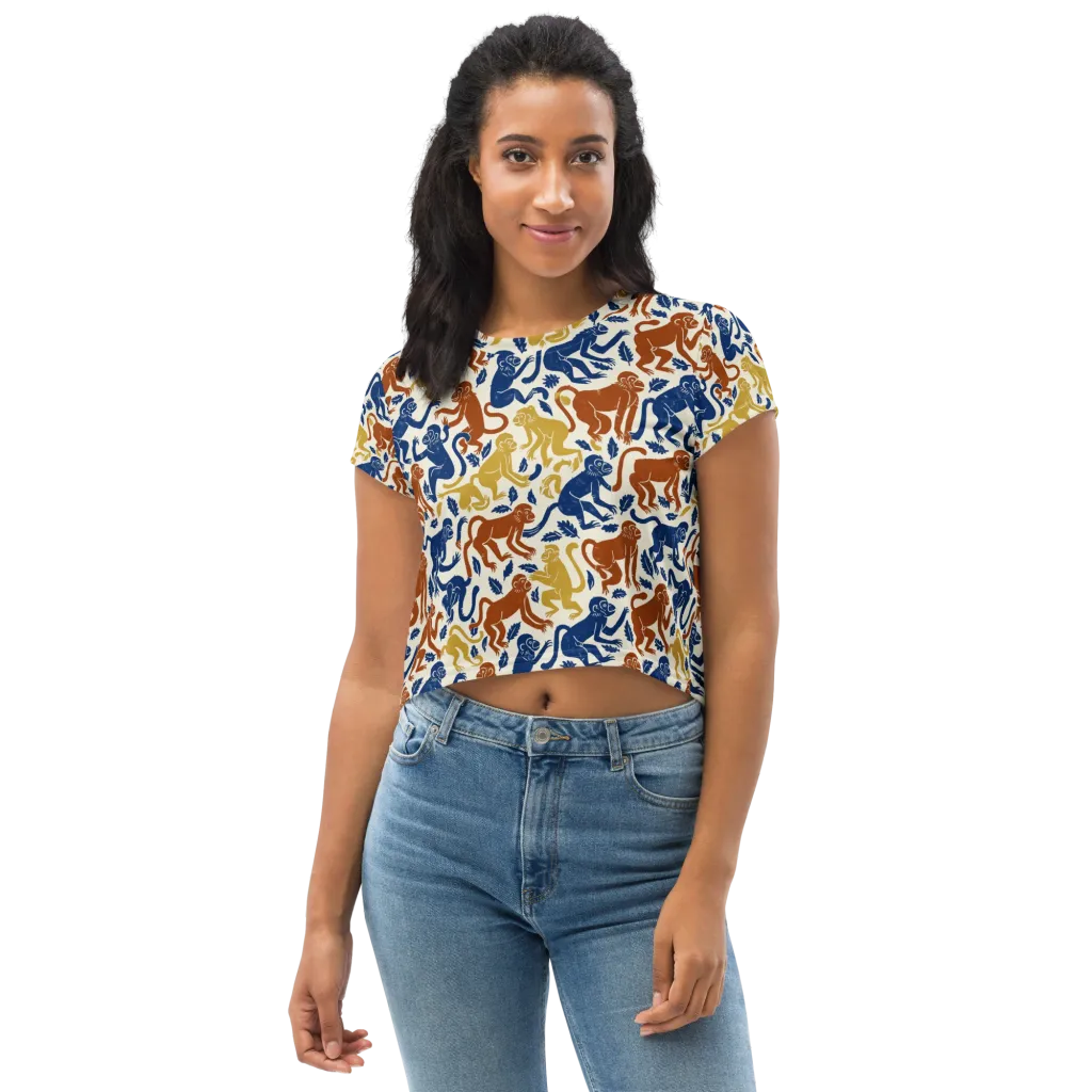 Indigo Monkey Garden on Crop Tee — Front