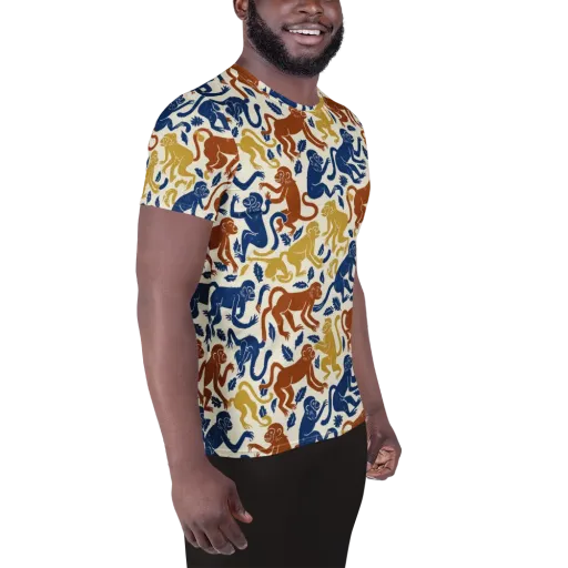 Indigo Monkey Garden on a Men's Athletic T-Shirt