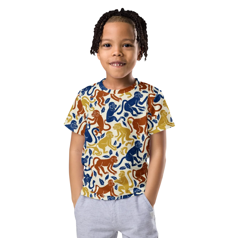 Indigo Monkey Garden on Kids Crew Neck T-Shirt — Front