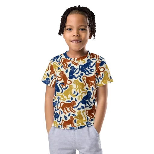 Indigo Monkey Garden on a Kids Crew Neck T-Shirt