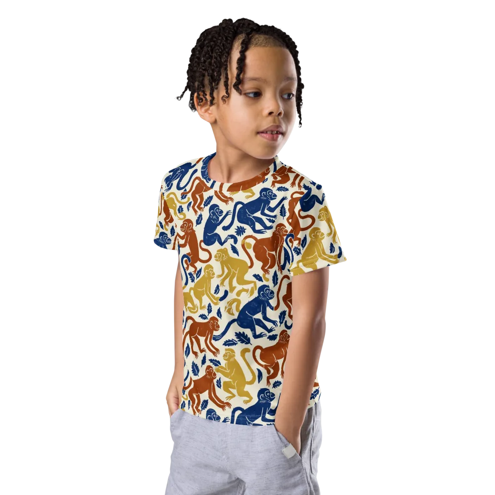 Indigo Monkey Garden on Kids Crew Neck T-Shirt — Left Front