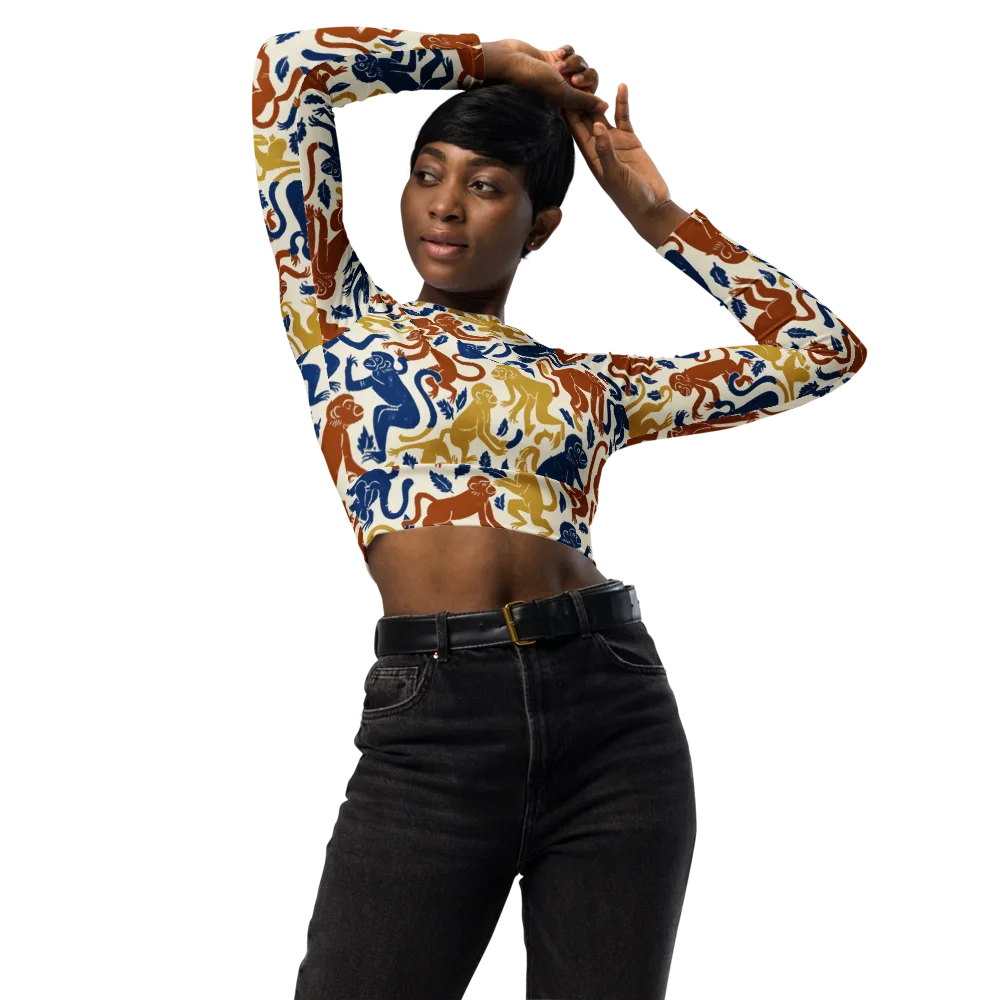 Indigo Monkey Garden on Long Sleeve Crop Top — Front