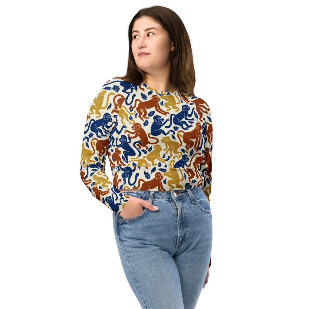 Indigo Monkey Garden on Long Sleeve Crop Top — Front