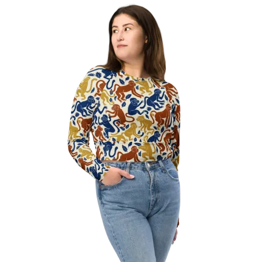 Indigo Monkey Garden on a Long Sleeve Crop Top
