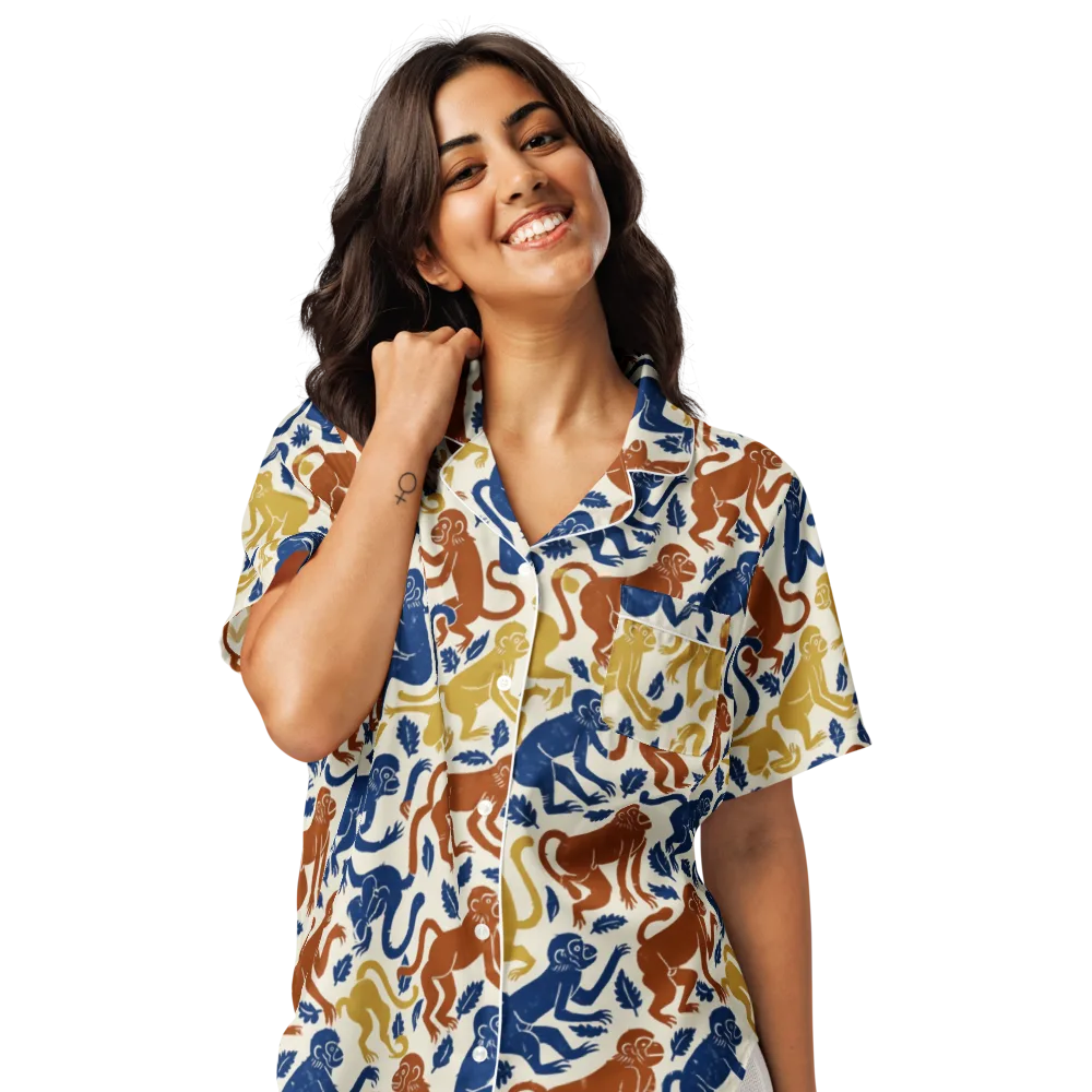 Indigo Monkey Garden on Women's Short Sleeve Pajama Top — Front
