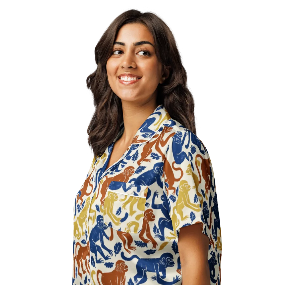 Indigo Monkey Garden on Women's Short Sleeve Pajama Top — Left Front