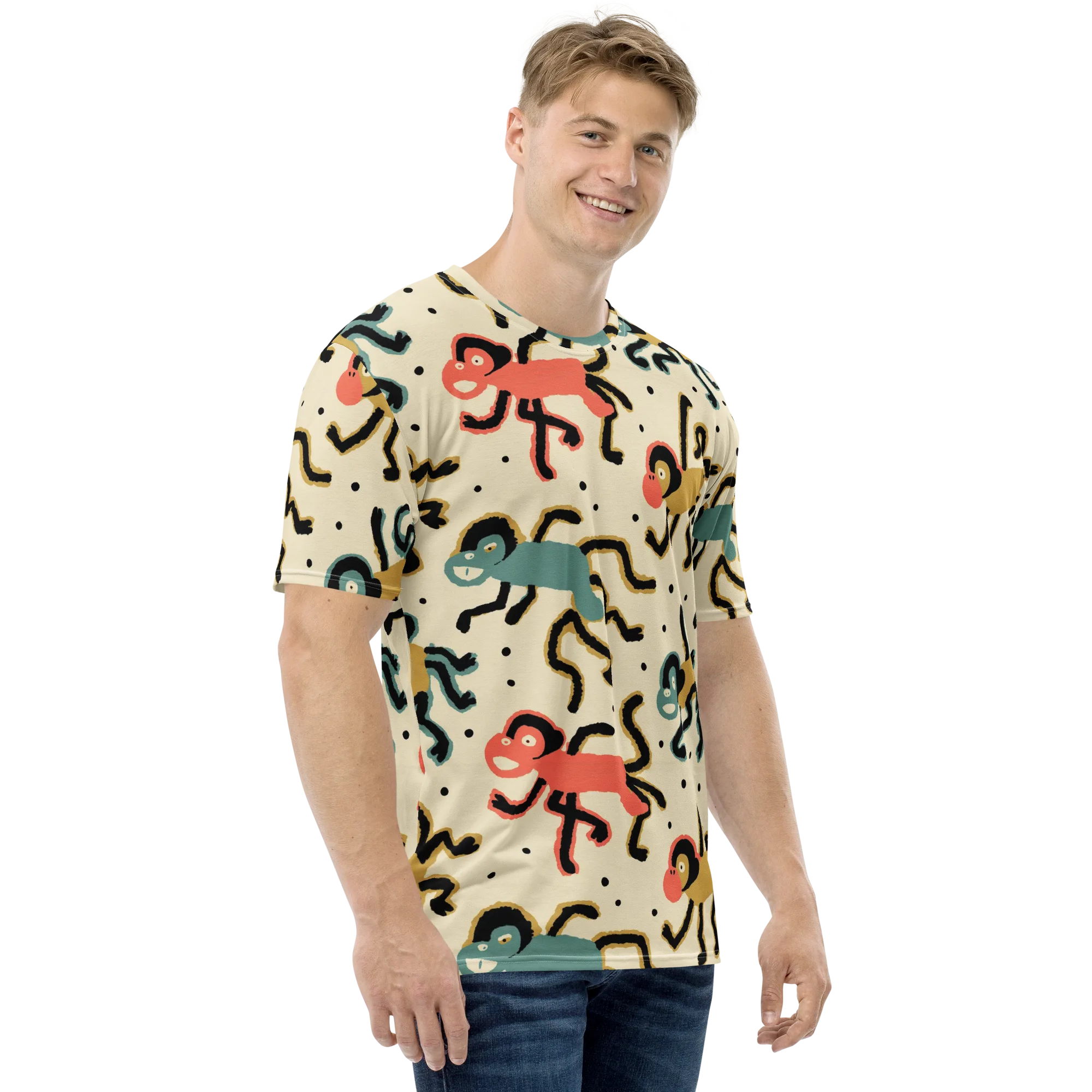 Monkey Moonwalk on Men's Crew Neck T-Shirt — Right