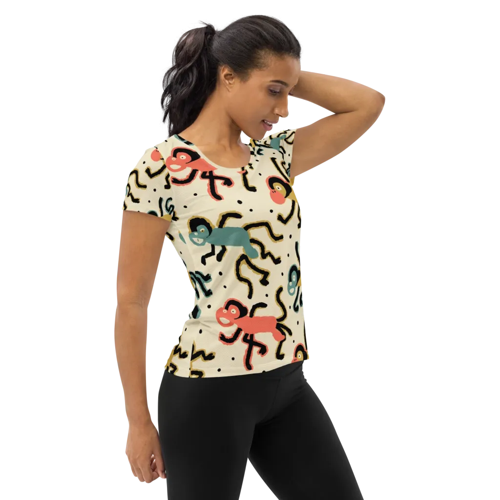 Monkey Moonwalk on Women's Athletic T-Shirt — Right