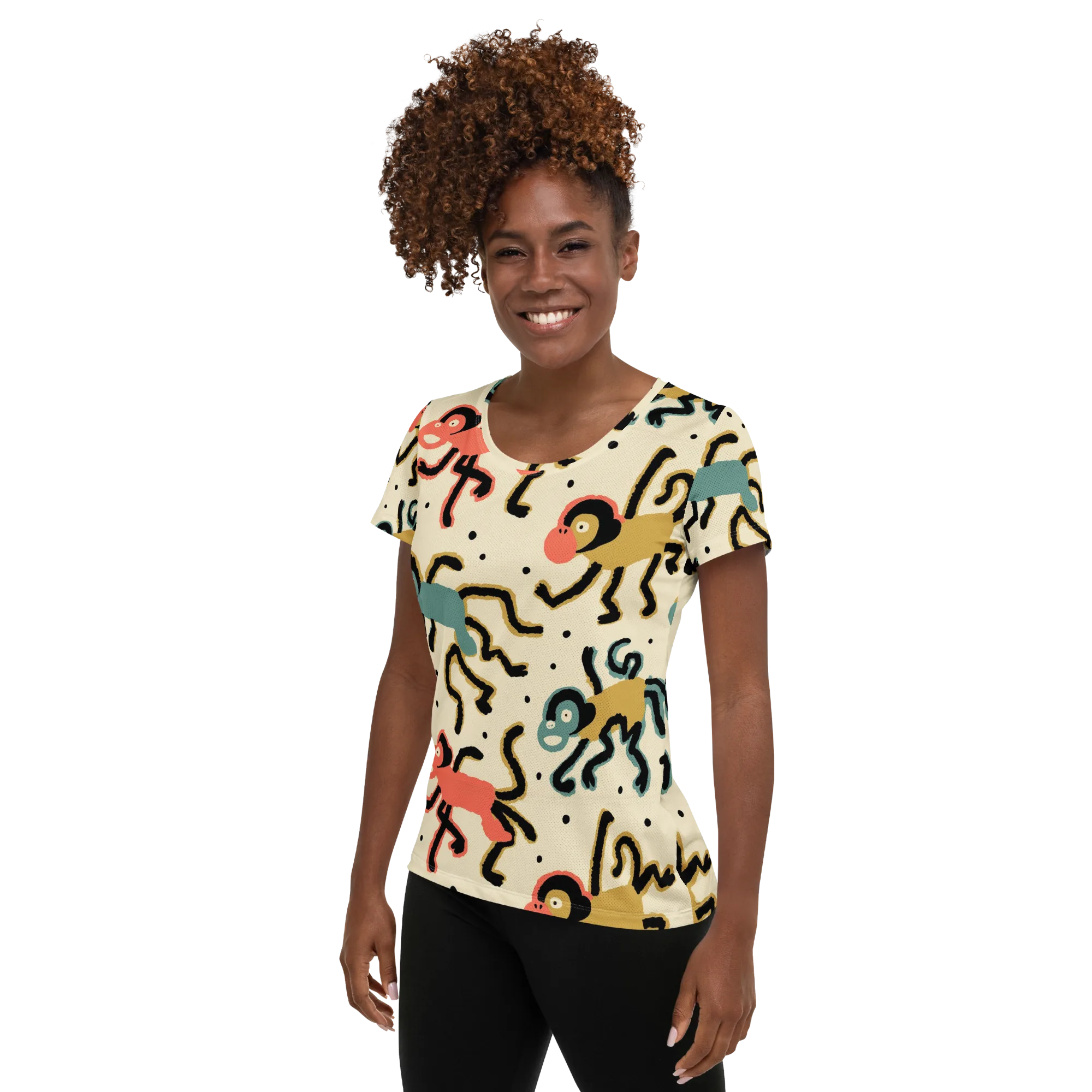 Monkey Moonwalk on Women's Athletic T-Shirt — Left