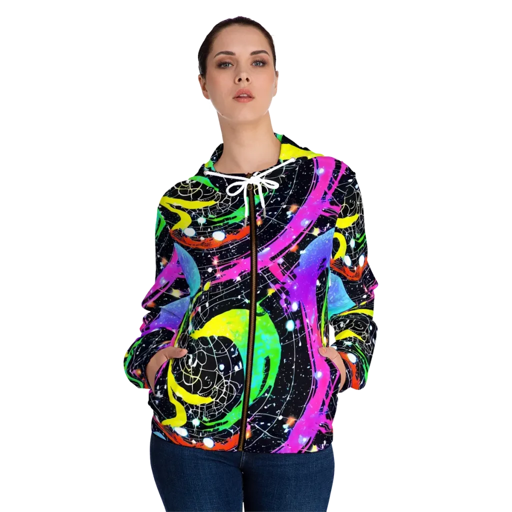 Galactic Riot on Women's Full-Zip Hoodie — Front On Person
