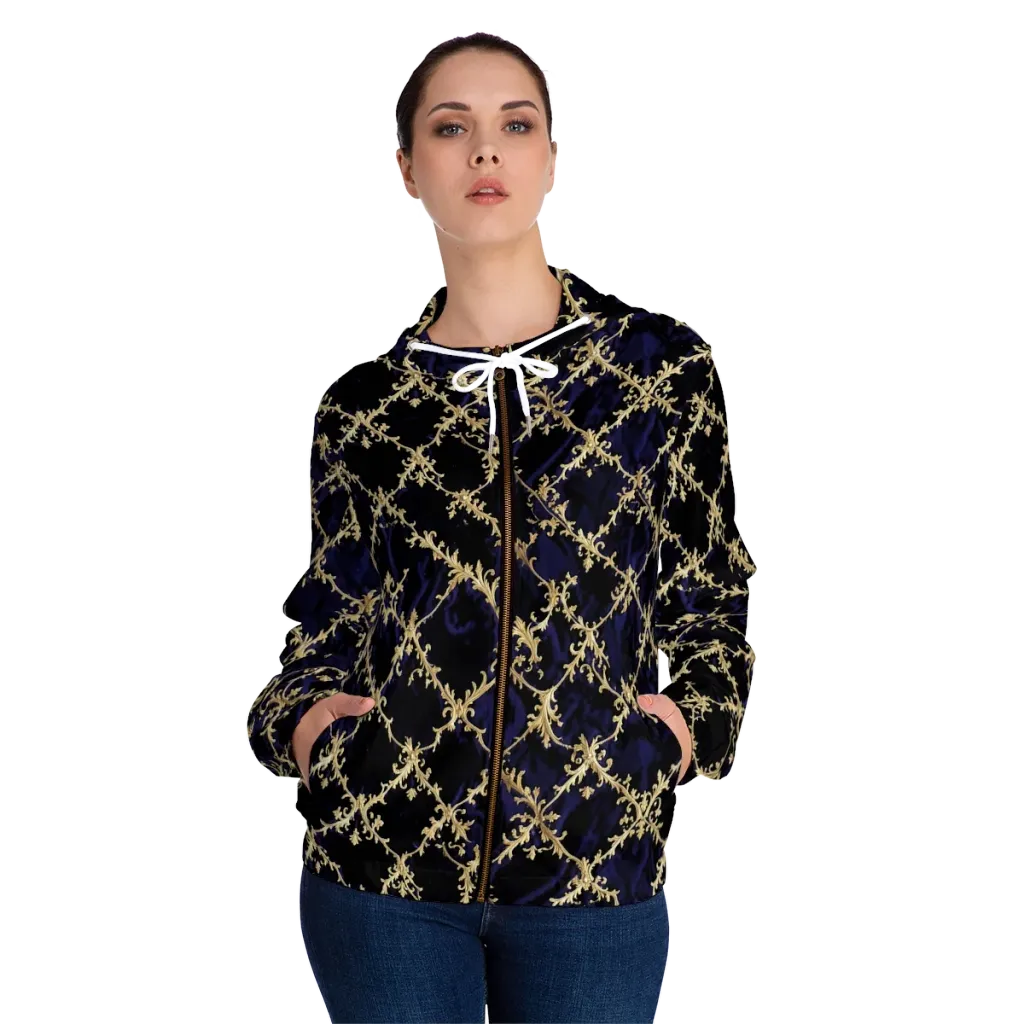 Nocturne Damask on Women's Full-Zip Hoodie — Front On Person