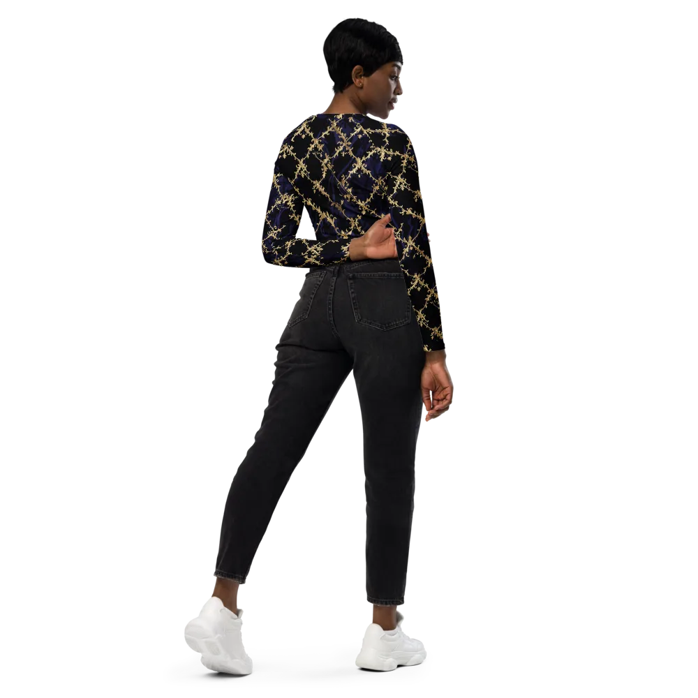 Nocturne Damask on Long Sleeve Crop Top — Right Back