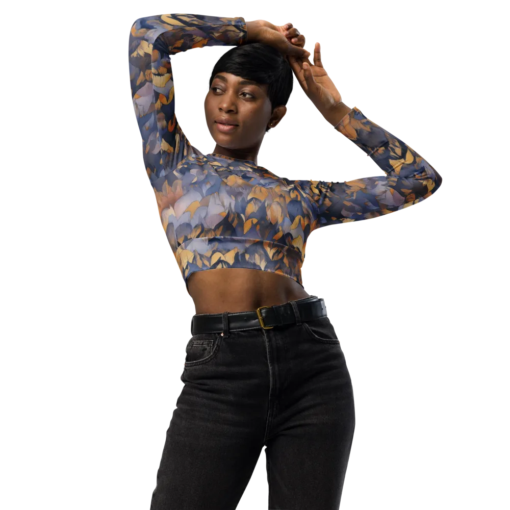 Indigo Petal Drift on Long Sleeve Crop Top — Front