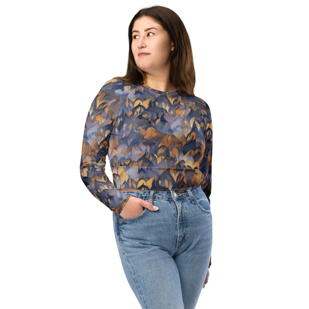 Indigo Petal Drift on Long Sleeve Crop Top — Front