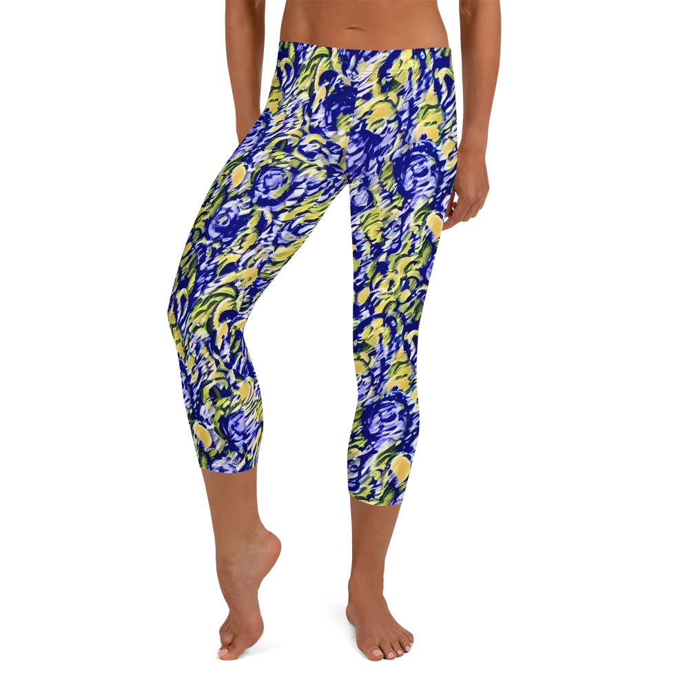 Cobalt Bloomstorm on Capri Leggings — Front